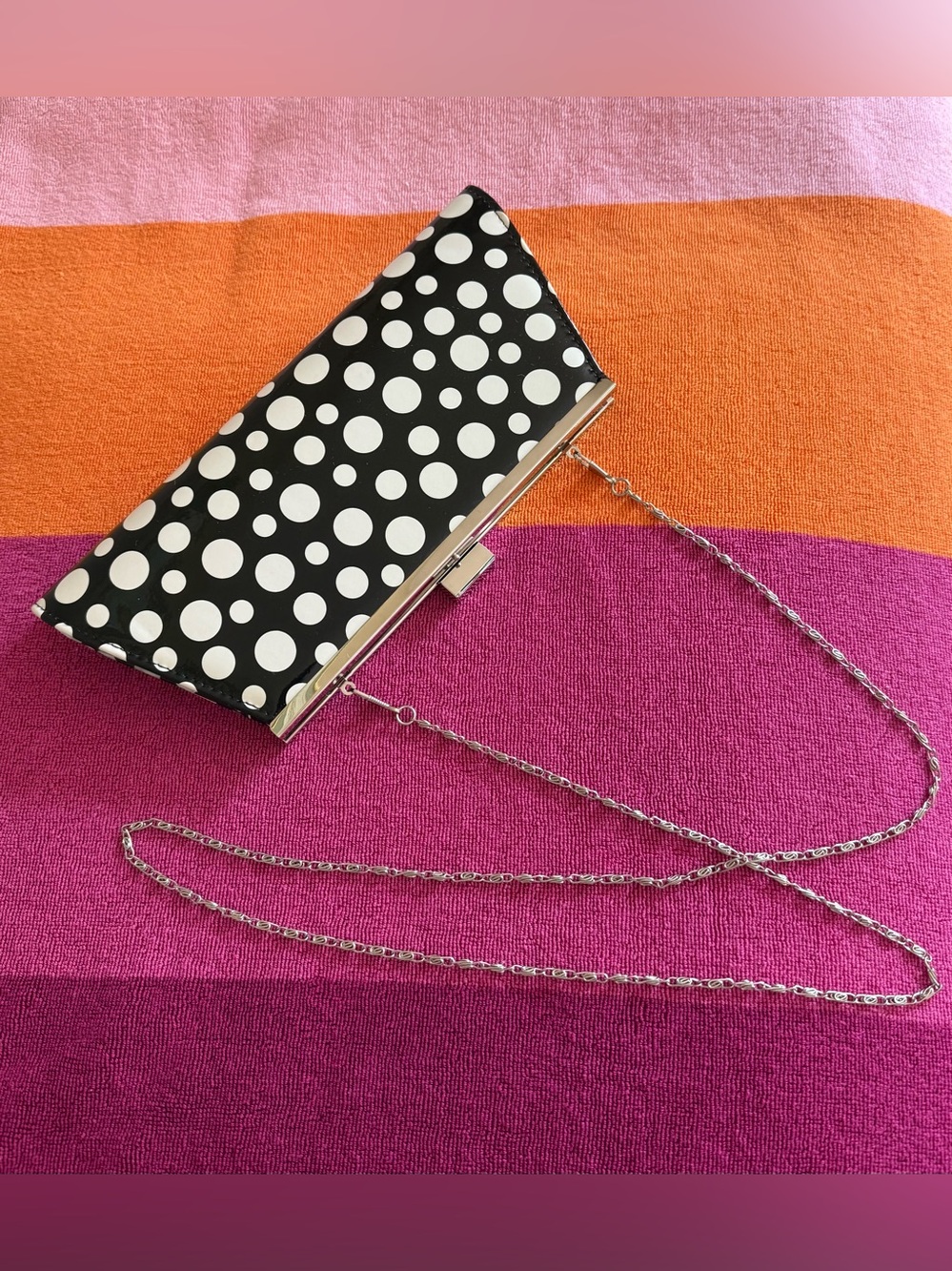 Polka Dot Black & White Chain Clutch, silver chain handle, Neiman Marcus